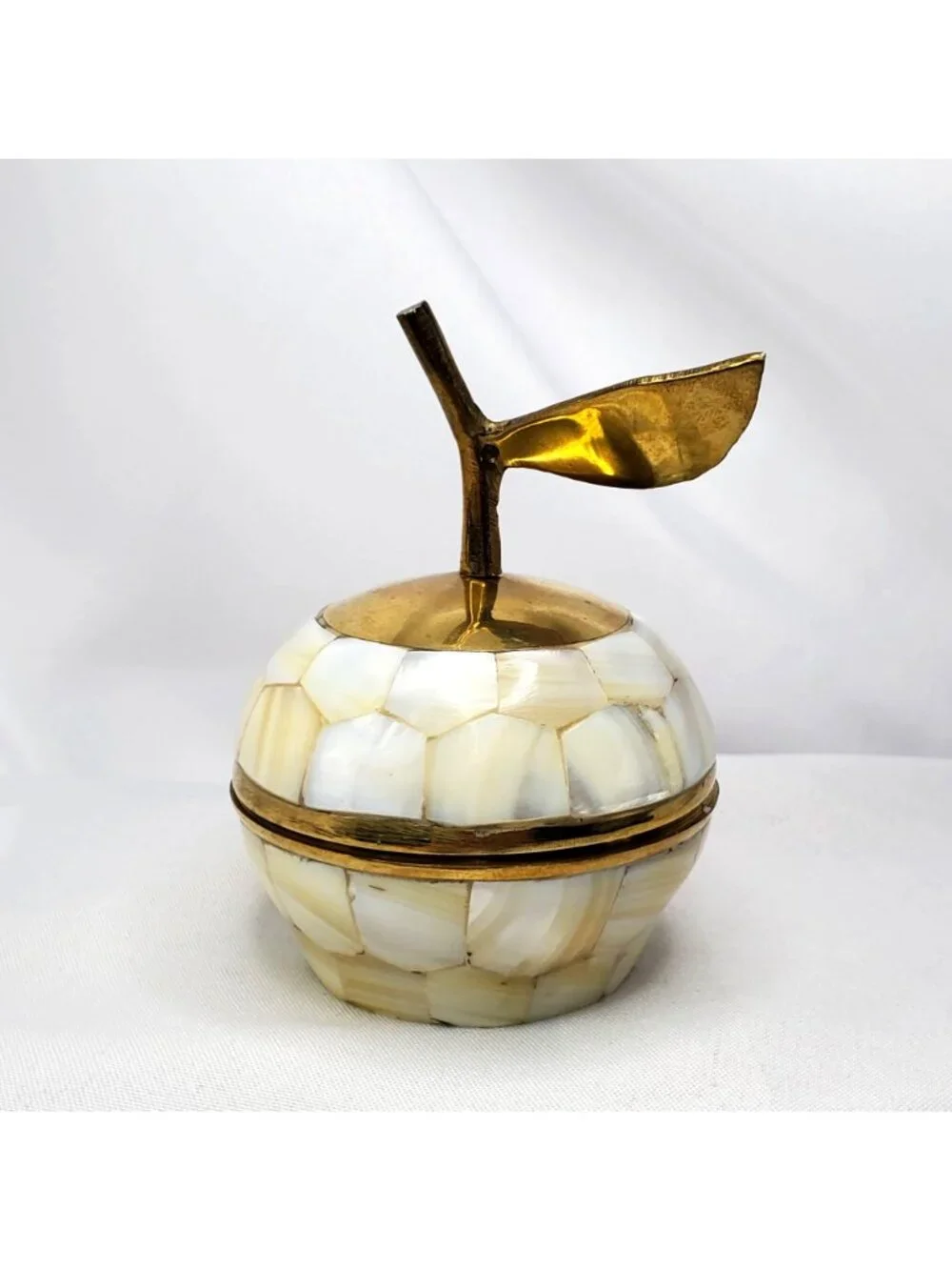 Mother Of Pearl and Brass Decorative Apple Trinket Box Lid And Leaf Accent